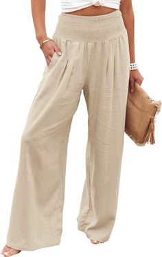 Vansha Women Summer High Waisted Cotton Linen Palazzo Pants Wide Leg Long Lounge Pant Trousers with Pocket Khaki M at Amazon Women’s Clothing store Palazzo Pants Summer, Women's Summer Clothes, Linen Palazzo Pants, Cruise Wardrobe, High Waisted Palazzo Pants, Linen Beach Pants, Amazon Cart, Fashion Capsule Wardrobe, Wide Leg Palazzo Pants