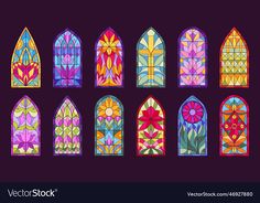 six stained glass windows in different colors