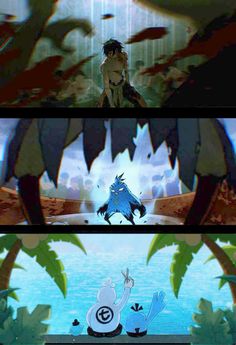 an animated scene with two different scenes in the same frame, one is being chased by another