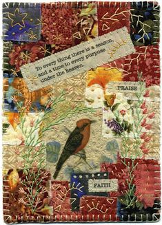 a patchwork quilt with an image of a bird on it's side and words