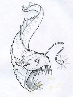 a drawing of a fish with its mouth open and it's tail curled up