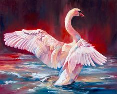 a painting of a white swan in the water with its wings spread out and outstretched