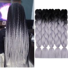 New From Amazon, Jumbo Synthetic Braiding Hair Extensions - 5 Pack Ombre Effect Black - Silver 24" Folded For Daily Use Or Special Occasion. Grey Box Braids, Grey Hair Braids, Ombre Box Braids, Braiding Hair Colors, Colored Box Braids, Kanekalon Braiding Hair, Jumbo Braiding Hair, Ombre Braid, Colored Braids