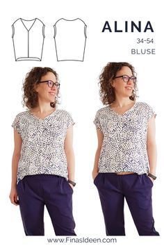 the front and back view of a woman's blouse sewing pattern