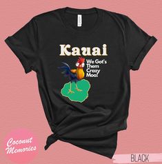 Kauai Chicken Hawaiian Moa T-Shirt. Aloha from Kauai Garden Isle Gift Hawaii State Shirt. Kauai Hawaii Vacation Hawaiian Roster Tee.  Our unisex shirts are true to size and the perfect blend of Style, Comfort, and Fit.  ☀️ FIND MORE GREAT DESIGNS https://www.etsy.com/shop/CoconutMemories  OUR MESSAGE TO YOU OUR CUSTOMERS If you enjoy our designs, please leave us a comment as it immensely helps our small business to grow. We are also striving to improve and provide the best quality for you our cu Black Hawaiian Printed T-shirt, Hawaiian Cotton T-shirt With Sublimation Print, Chicken Hawaiian, Kauai Hawaii, Hawaii Vacation, Kauai, Unisex Shirts, Types Of Shirts, Hawaii