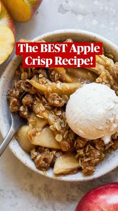 an apple crisp with ice cream in a bowl