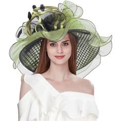 *New Style: The Big Flower Of The Hat Can Be Removed, So It Can Be Used As Organza Church Derby Hat, Or Used As Fascinator With Clip *This Wide Brim Hat Has A Brim That Is 5.1 Inchs All The Way Around, Fit For Head Circumference About 23 Inchs. Which Has A Small Elastic Sweatband Inside In Order To Give It A Big Size Range. When The People Who Has A Small Headsize Can Pulled The Elasticding Out From The Crowdsize?¾ *Elegant Fancy Hat Made With Organza And Gauze, Translucent. Suitable For Spring, Fitted Short Brim Hat For Spring, Green Brimmed Mini Hat For Summer, Fitted Top Hat With Curved Brim For Spring, Green Fedora Straw Hat For Kentucky Derby, Fitted Fedora Mini Hat For Spring, Spring Wide Brim Fitted Cloche Hat, Fitted Wide Brim Mini Hat For Spring, Wide Brim Green Mini Hat For Spring, Green Wide Brim Mini Hats For Spring