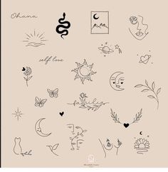 an assortment of tattoos on a beige background with the word love written in black ink