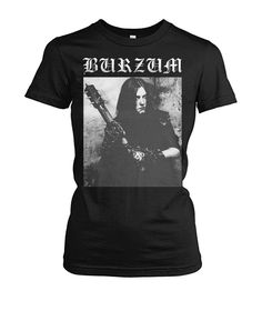 a black t - shirt with an image of a man holding a guitar in front of him