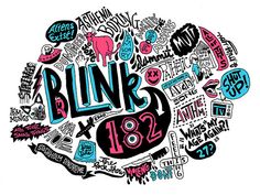 the word blink is surrounded by many different types of stickers and symbols in black, pink, blue, and white