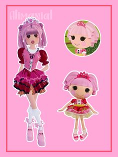 an image of two dolls with pink hair and dress up clothes, one is in the middle