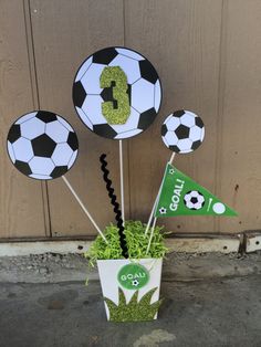 a planter with soccer balls and green grass in it