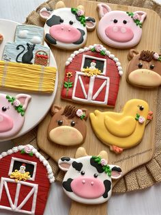 decorated cookies with farm animals and barn decorations