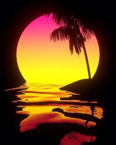 a palm tree sitting on top of a beach under a pink and yellow sunlit sky