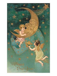 size: 24x18in Art Print: Happy New Year, Cherubs at Moon Poster : Moonlight Illustration, Vintage Happy New Year, Valentine Cupid, New Year Postcard, Creation Photo, Moon Art Print, New Year Images, Moon Poster, On The Moon