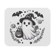 a black and white drawing of a ghost with a pumpkin in it's hand