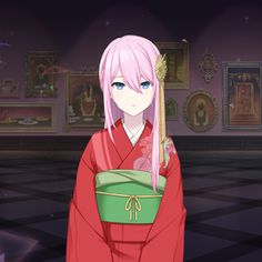 an anime character with pink hair and blue eyes in a red kimono holding a green bag