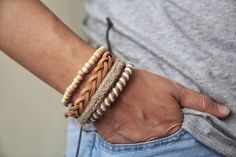 A set of 4 Boho style produced and handmade bracelets. Featuring Wood Bead, this bracelet stack includes handmade leather rope braided, adjustable, can be worn combined in different way what you want.  A combination of 4 handmade bracelets, curated by Alice as the perfect style set for him. Handmade Casual Leather Bracelet For Everyday, Casual Leather Bracelet For Beach, Casual Brown Leather Beach Bracelet, Handmade Casual Beaded Bracelets For Vacation, Handmade Casual Leather Bracelet For Friendship, Casual Handmade Beaded Bracelets For Vacation, Handmade Brown Beaded Casual Bracelet, Casual Handmade Leather Bracelet For Friendship, Casual Brown Handmade Beaded Bracelet