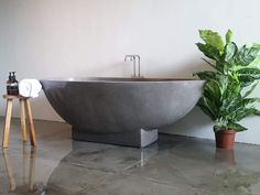 a bathtub sitting next to a potted plant in a room with white walls