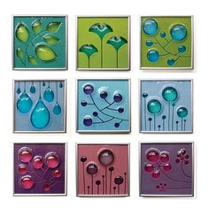 six square glass paintings with flowers and leaves on each one, all in different colors