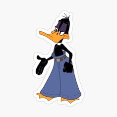 a cartoon duck wearing a blue dress and black hat with one hand in the air