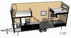 the tiny house is built on wheels and has two beds, one with a loft