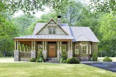 this is an artist's rendering of a small cabin style home in the woods