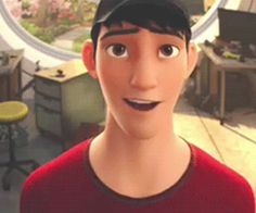 an animated man in a red shirt and black hat with his mouth open looking at the camera