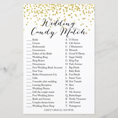 the wedding candy match game is shown with gold confetti on white and black