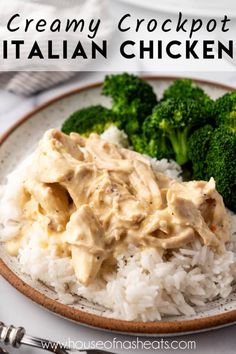 creamy crockpot italian chicken on a plate with rice and broccoli