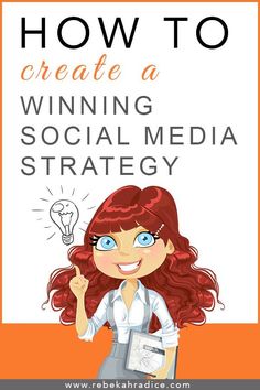 a woman with red hair is holding up a lightbulb and pointing to the word winning social media strategy