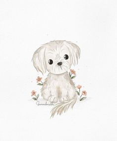 a watercolor drawing of a dog with flowers