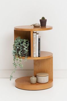 a wooden shelf with books and plants on it