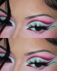 Pink And Blue Eyeshadow, Eyeshadow Cut Crease, Edgy Eye Makeup, Realistic Makeup, Eyeshadow Green, Crease Eyeshadow, Cut Crease Eyeshadow, Cute Eye Makeup, Graphic Makeup