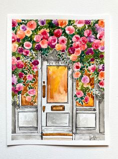 a watercolor painting of a door with flowers on it