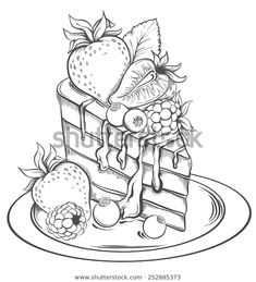 a black and white drawing of a piece of cake with fruit on top, sitting on a plate