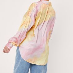 Never Worn And Has Tags Pastel Long Sleeve Tops For Spring, Oversized Spring Blouse For Daywear, Oversized Blouse For Spring Daywear, Chic Oversized Multicolor Blouse, Oversized Multicolor Blouse For Day Out, Oversized Pink Shirt For Day Out, Oversized Chic Shirt For Spring, Summer Feminine Oversized Blouse, Chic Oversized Yellow Top