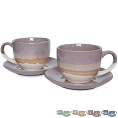 two coffee cups and saucers with matching saucers, one in grey and the other in blue