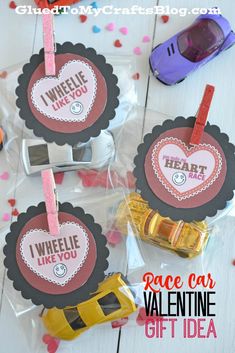 three valentine's day gift tags with cars on them