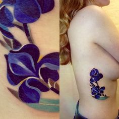 a woman's back with blue flowers on her left side and an image of a flower on her right side