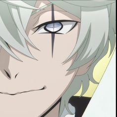 an anime character with white hair and blue eyes looks at the camera while staring straight ahead