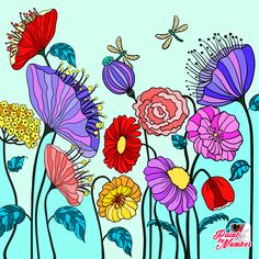 colorful flowers and dragonflies on a blue background