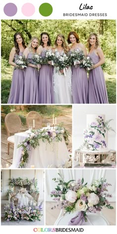 the bridesmaid dresses are purple and green