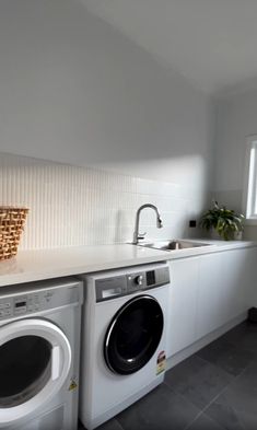 a washer and dryer sitting in a kitchen next to each other on top of a counter