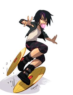 an anime character is riding on a surfboard