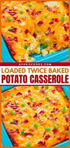 loaded twice baked potato casserole with bacon and green onions in a blue dish