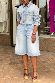 Casual Light Blue Knee-length Bottoms, Shirt Collar Styles, Style Upgrade, Long Sleeve Midi, Casual Sets, Casual Denim, Shirt Collar, Long Sleeve Casual, Short Sets