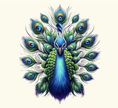 a blue and green peacock with feathers on it's back, in front of a white background