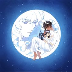 two anime characters are hugging in front of a full moon with stars on the background