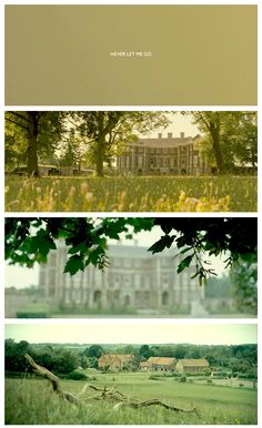 three different pictures with trees and grass in the foreground, an old building on the other side